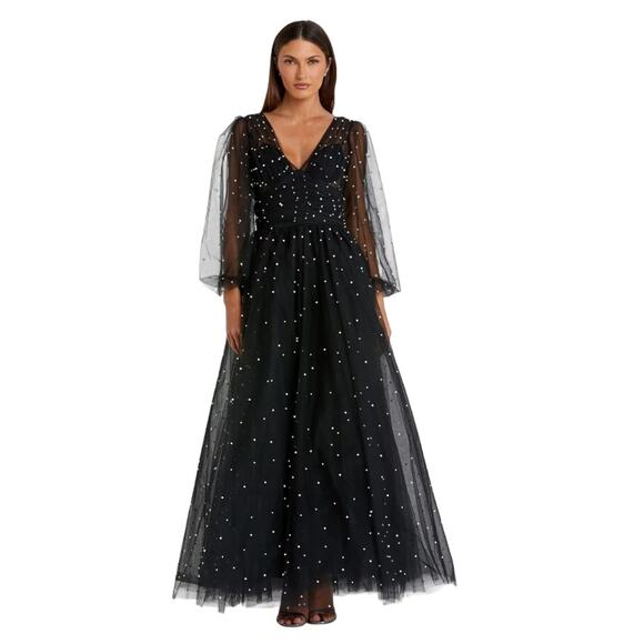 Mac Duggal Dresses & Skirts - Mac Duggal Black Long Sheer Sleeve Draped Pearl Beaded Gown, Sz 12, NWT